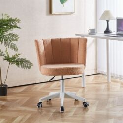 Home Office Chair, Fluffy Fuzzy Comfortable Makeup Vanity Chair, Swivel Desk Chair Height Adjustable Dressing Chair For Bedroom - Teak / Beige