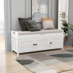 Storage Bench With 3 Shutter-Shaped Doors, Shoe Bench With Removable Cushion And Hidden Storage Space - White