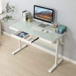 Tempered Glass Standing Desk With Metal Drawer, Adjustable Height Stand Up Desk, Sit Stand Home Office Desk, Ergonomic Workstation - White