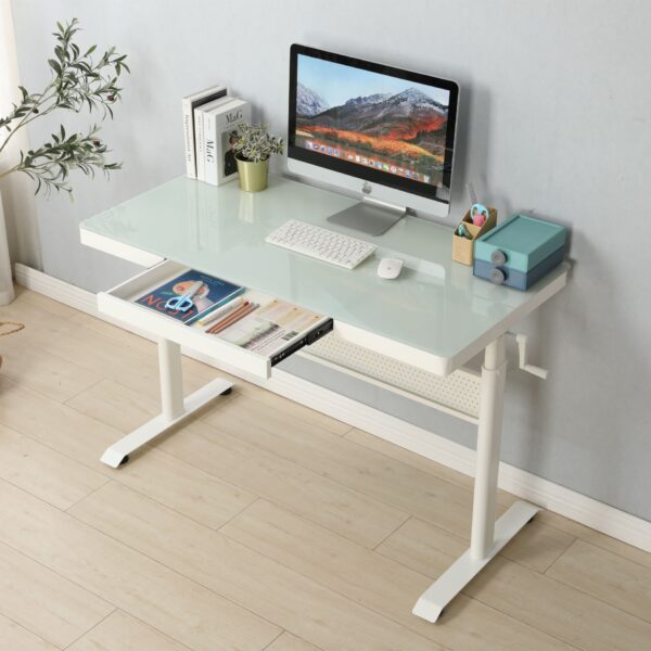 Tempered Glass Standing Desk With Metal Drawer, Adjustable Height Stand Up Desk, Sit Stand Home Office Desk, Ergonomic Workstation - White