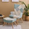 Accent Chair With Ottoman, Living Room Chair And Ottoman Set, Comfy Side Armchair For Bedroom, Creative Splicing Cloth Surface - Blue - Image 3