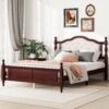 Queen Pine Wooden Bed With Upholstered Headboard And Panel Footboard, With Two Bed Rail Support Feet And Central Platform Support Feet, Classic - Cherry - Image 2