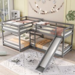 Full And Twin Size L-Shaped Bunk Bed With Slide And Short Ladder - Gray