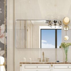 30X20" Rounded Corner Rectangle Bathroom Mirror For Wall Metal Frame Deep Set Design Hangs Wall Mounted Bathroom Mirror (Horizontal & Vertical) - Glossy Brushed Silver