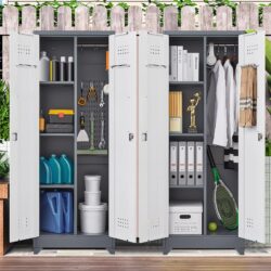 Metal Storage Cabinets, Cleaning Tool Cabinet With Locking Door, Tall Broom Tool Organizer And Storage, Large Storage Cabinet For Kitchen - Gray / White