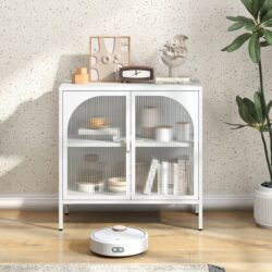 Metal Sideboard Cabinet, Accent Storage Cabinet With 2 Glass Doors, Modern Coffee Bar Cabinet With Adjustable Shelves 154 Lbs Capacity For Kitchen, Living Room And Hallway - White