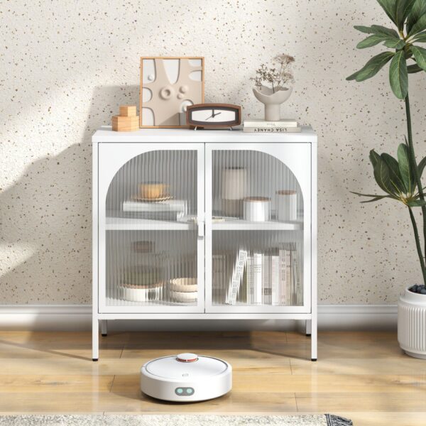 Metal Sideboard Cabinet, Accent Storage Cabinet With 2 Glass Doors, Modern Coffee Bar Cabinet With Adjustable Shelves 154 Lbs Capacity For Kitchen, Living Room And Hallway - White