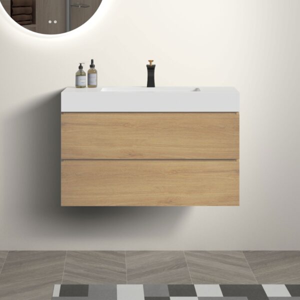 Alice - U042-Alice36-106 Bathroom Vanity With Black Sink, Large Storage Wall Mounted Floating Bathroom Vanity For Modern Bathroom, One-Piece Black Sink Basin Without Drain - Oak / White