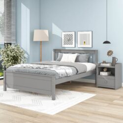 Full Bed With Headboard And Footboard For Kids, Teens, Adults, With A Nightstand - Gray