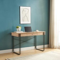 Computer Desk Writing Desk With One Drawer Metal Legs And USB Outlet Port - Light Brown / Black