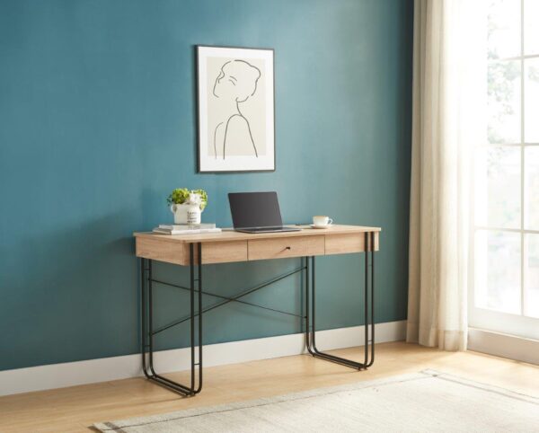 Computer Desk Writing Desk With One Drawer Metal Legs And USB Outlet Port - Light Brown / Black