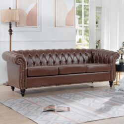 Rolled Arm Chesterfield Three Seater Sofa - Dark Brown