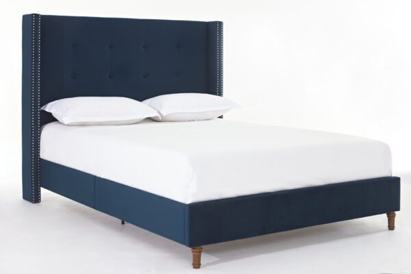 Peyton - King Bed Upholstered With High Headboard, Traditional Hand Buttoned Tufting - Blue