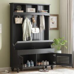 5 In 1 Entryway Bench With Shutter - Shaped Doors, Coat Rack, Cushion And 4 Sturdy Hooks, Wide Hall Tree With Storage Bench For Hallway, Entryway, Living Room - Black