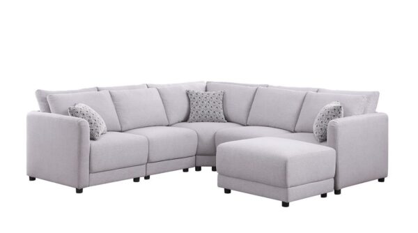 Penelope - Fabric Reversible L-Shape Sectional Sofa With Ottoman And Pillows - Light Gray