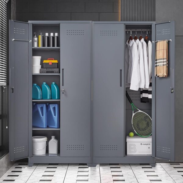 Metal Storage Cabinets, Cleaning Tool Cabinet With Locking Door, Tall Broom Tool Organizer And Storage, Large Storage Cabinet For Kitchen - Gray