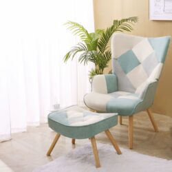 Accent Chair With Ottoman, Living Room Chair And Ottoman Set, Comfy Side Armchair For Bedroom, Creative Splicing Cloth Surface - Blue