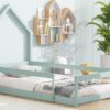 Twin Size Wood Bed With House-Shaped Headboard Floor Bed With Fences - Light Green - Image 7