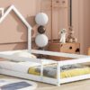 Twin Size Wood Bed With House-Shaped Headboard Floor Bed With Fences - White - Image 6