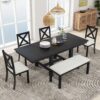 Topmax - 6 Piece Farmhouse Extendable Dining Table With Footrest, 4 Upholstered Dining Chairs And Dining Bench, Two 11" Removable Leaf - Black / Beige - Image 3