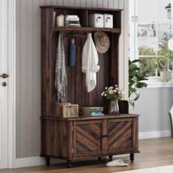 Hall Tree With 4 Hooks, Coat Hanger, Entryway Bench, Storage Bench, 3 In 1 Design, For Entrance, Hallway - Brown