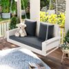 2 Person Wicker Hanging Porch Swing With Chains, Cushion, Pillow, Rattan Swing Bench For Garden, Backyard - White / Gray - Image 3