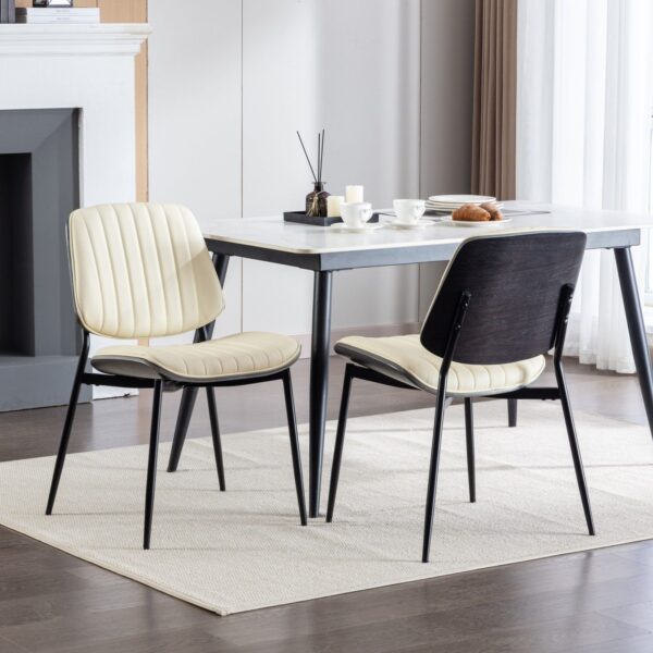 Dining Chairs Mid-Century Modern Retro Faux Leather Chair With Walnut Bentwood Back Upholstered Seat Metal Legs Adjustable Foot For Kitchen Dining Room Chairs (Set of 2) - Beige