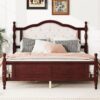 Queen Pine Wooden Bed With Upholstered Headboard And Panel Footboard, With Two Bed Rail Support Feet And Central Platform Support Feet, Classic - Cherry - Image 3