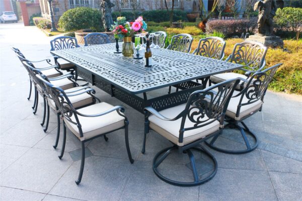 Rectangular 12 Person 108" Long Aluminum Dining Set With Cushions - Gray / Ivory