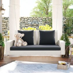 2 Person Wicker Hanging Porch Swing With Chains, Cushion, Pillow, Rattan Swing Bench For Garden, Backyard - White / Gray