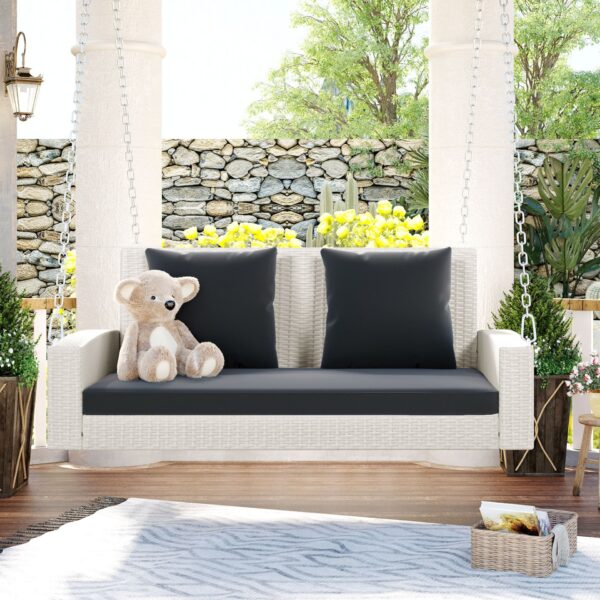 2 Person Wicker Hanging Porch Swing With Chains, Cushion, Pillow, Rattan Swing Bench For Garden, Backyard - White / Gray