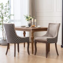Ultra Side Dining Chair, Thickened Fabric Chairs With Neutrally Toned Solid Wood Legs, Bronze Nail Head, (Set of 2) - Beige / Patterned