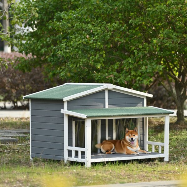 Large Wooden Dog House Outdoor / Indoor Dog Crate, Cabin Style, With Porch, 2 Doors - Gray / Green