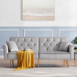 Velvet Tufted Sofa Couch With 2 Pillows And Nailhead Trim - Light Gray