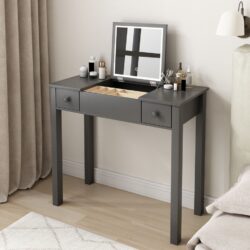 Vanity Table With LED Lights, Flip-Top Mirror And 2 Drawers, Jewelry Storage - Sleek Gray