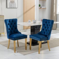 Nikki - Modern, High-End Tufted Solid Wood Contemporary Velvet Upholstered Dining Chair With Golden Stainless Steel Plating Legs, Nailhead Trim (Set of 2) - Blue / Gold