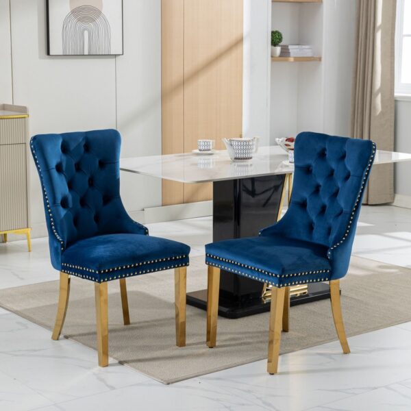 Nikki - Modern, High-End Tufted Solid Wood Contemporary Velvet Upholstered Dining Chair With Golden Stainless Steel Plating Legs, Nailhead Trim (Set of 2) - Blue / Gold