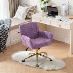 Office Chair, Artificial Rabbit Hair Home Office Chair With Golden Metal Base, Adjustable Desk Chair Swivel Office Chair, Vanity Chair - Violet