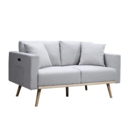 Easton - Linen Fabric Loveseat With USB Charging Ports Pockets And Pillows - Light Gray
