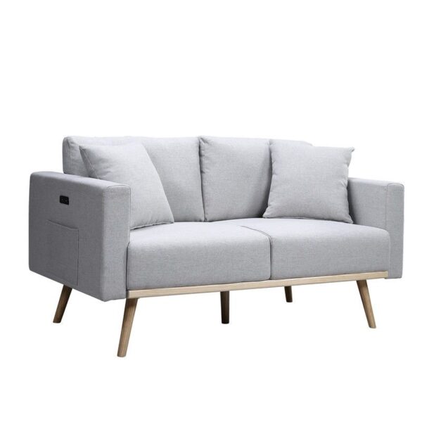 Easton - Linen Fabric Loveseat With USB Charging Ports Pockets And Pillows - Light Gray