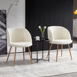 Adjust Legs Upholstered Teddy Faux Fur Dining Armrest Chair (Set of 2) - Off White