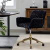 Office Chair, Artificial Rabbit Hair Home Office Chair With Golden Metal Base, Adjustable Desk Chair Swivel Office Chair, Vanity Chair - Black - Image 18