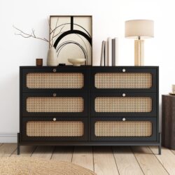 Modern Cannage Rattan Wood Closet 6 Drawer Dresser Wood Storage Cabinet Sideboard For Bedroom, Living Room, Entryway, Hallway - Black