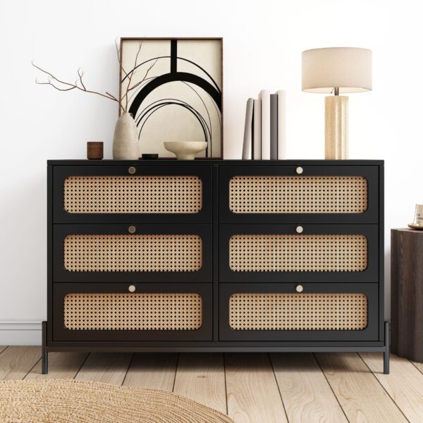Modern Cannage Rattan Wood Closet 6 Drawer Dresser Wood Storage Cabinet Sideboard For Bedroom, Living Room, Entryway, Hallway - Black
