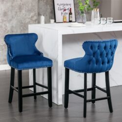 Contemporary Velvet Upholstered Wing-Back Barstools With Button Tufted Decoration And Wooden Legs, And Chrome Nailhead Trim, Leisure Style Bar Chairs, Bar Stools (Set of 2) - Blue