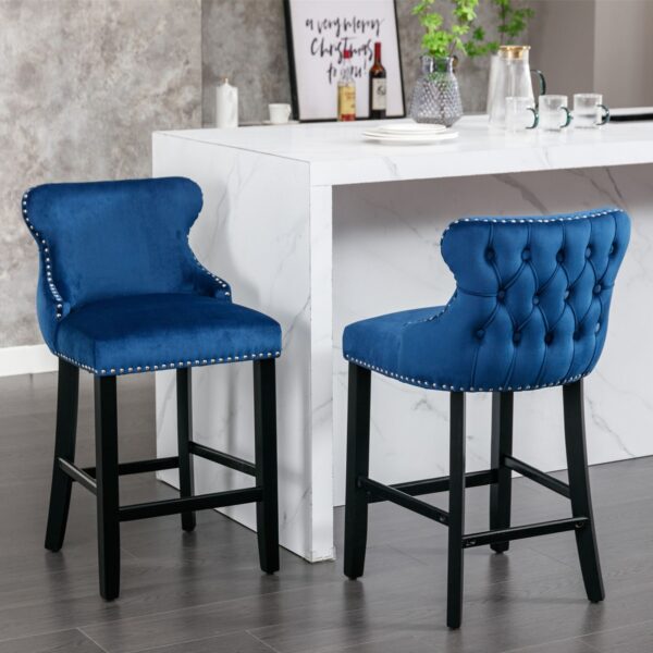 Contemporary Velvet Upholstered Wing-Back Barstools With Button Tufted Decoration And Wooden Legs, And Chrome Nailhead Trim, Leisure Style Bar Chairs, Bar Stools (Set of 2) - Blue