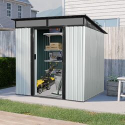 6Ft X 5Ft Outdoor Metal Storage Shed With Lockable Sliding Doors And Transparent Plate For Garden, Lawn - White / Black