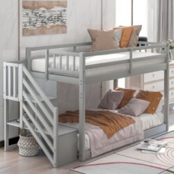 Twin Over Twin Floor Bunk Bed, Ladder With Storage - Gray