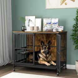 Modern Kennel Dogs Room Up To 80 Lb, Dog Crate Furniture With Multi-Purpose Rremovable Ttray, Double-Door Dog House, Lift Panel, 360 Degree Rotation, 3 Height Adjustable Feeding Bowls - Antique Brown