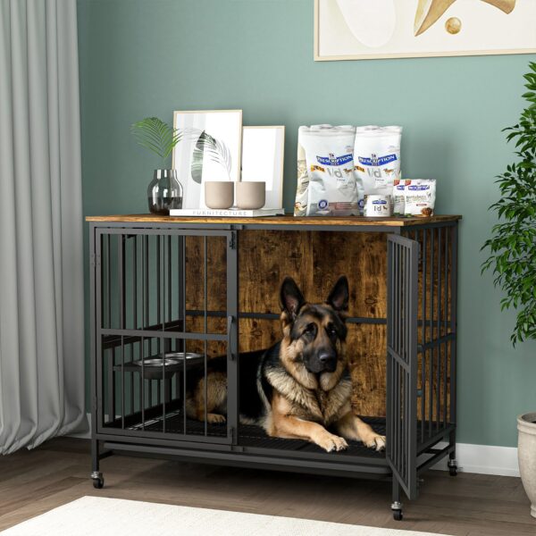 Modern Kennel Dogs Room Up To 80 Lb, Dog Crate Furniture With Multi-Purpose Rremovable Ttray, Double-Door Dog House, Lift Panel, 360 Degree Rotation, 3 Height Adjustable Feeding Bowls - Antique Brown